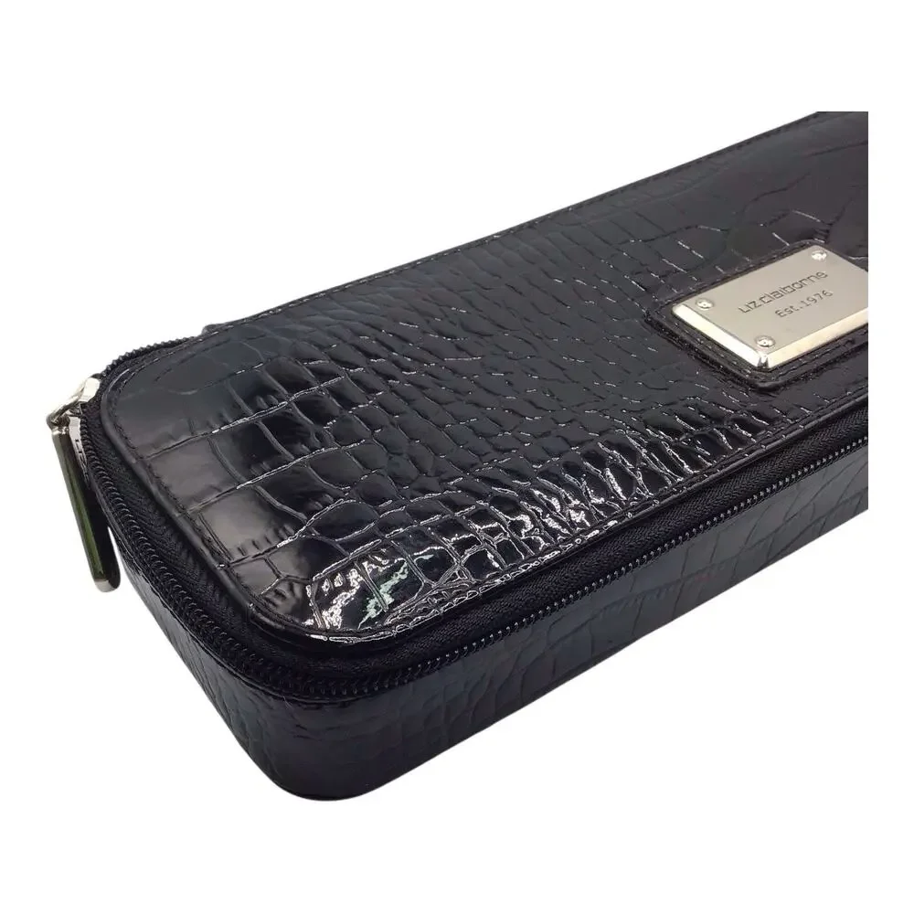 Liz Claiborne Black Faux Snakeskin Travel Jewelry Case Zipper Organizer